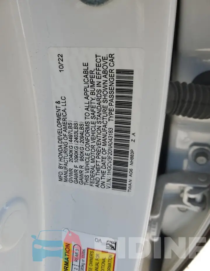 1HGCV3F20NA043183 Photo# 12