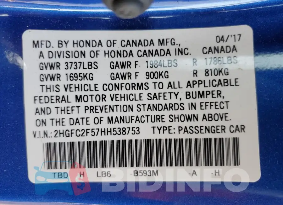 2HGFC2F57HH538753 Photo# 12