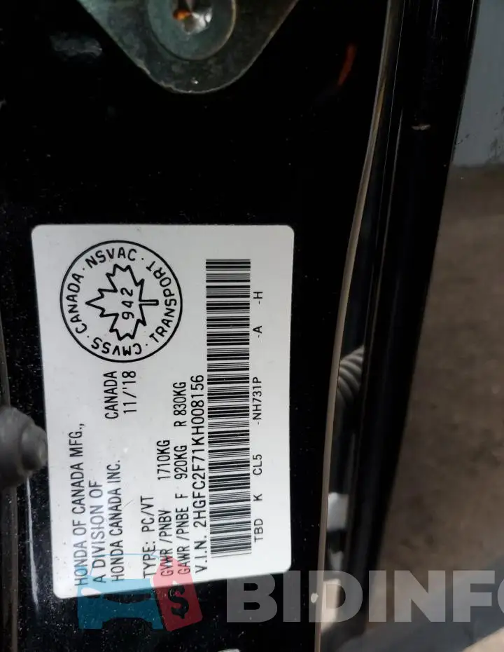 2HGFC2F71KH008156 Photo# 13
