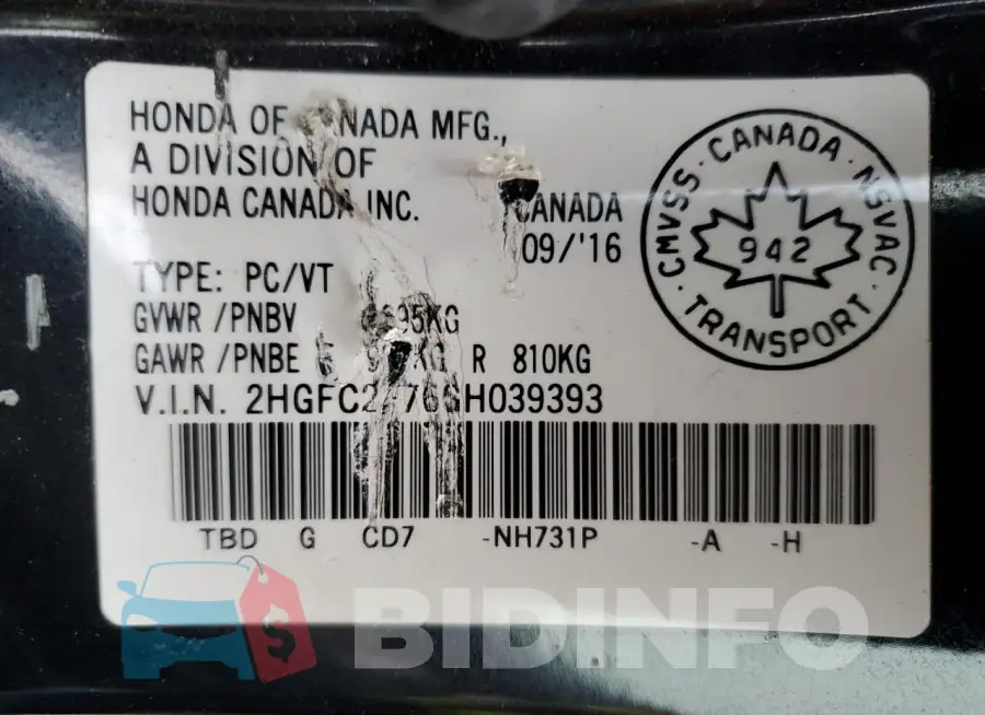 2HGFC2F76GH039393 Photo# 13