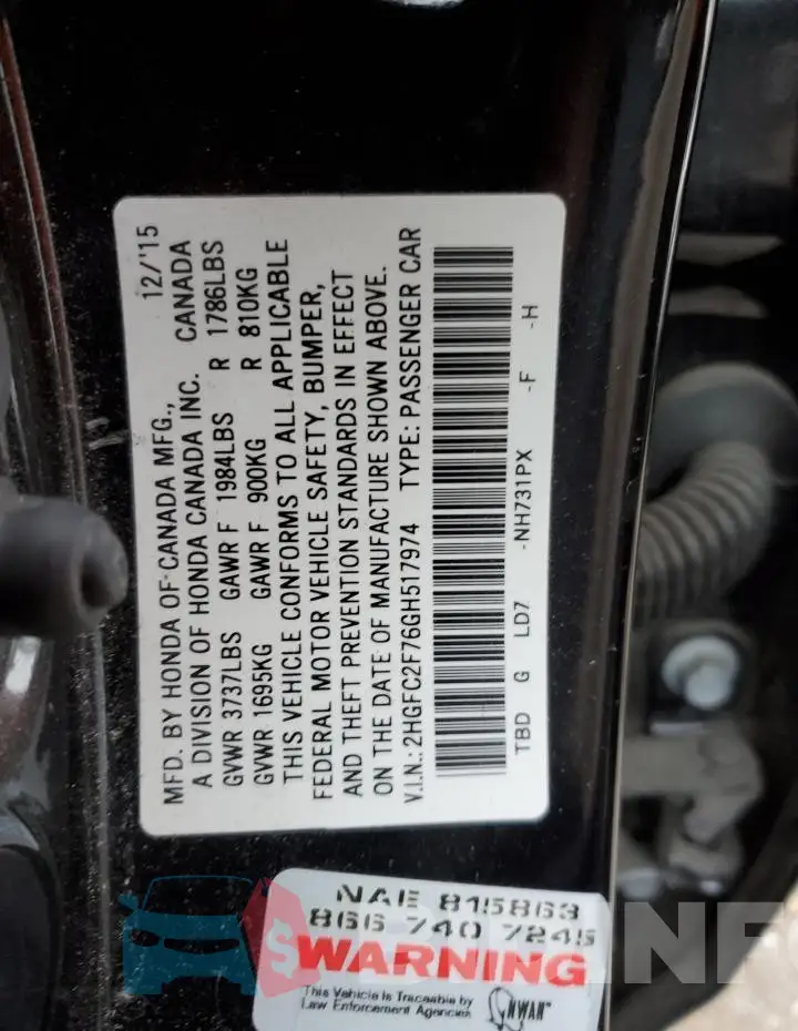 2HGFC2F76GH517974 Photo# 12