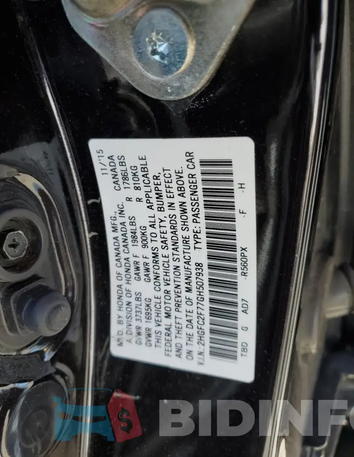 2HGFC2F77GH507938 Photo# 12
