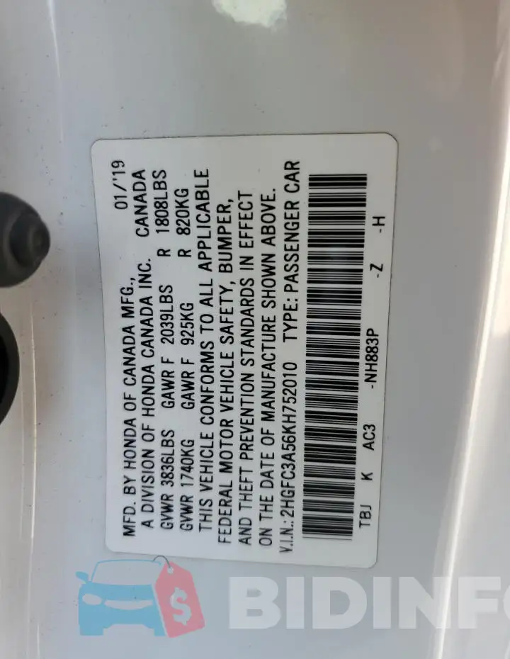 2HGFC3A56KH752010 Photo# 12