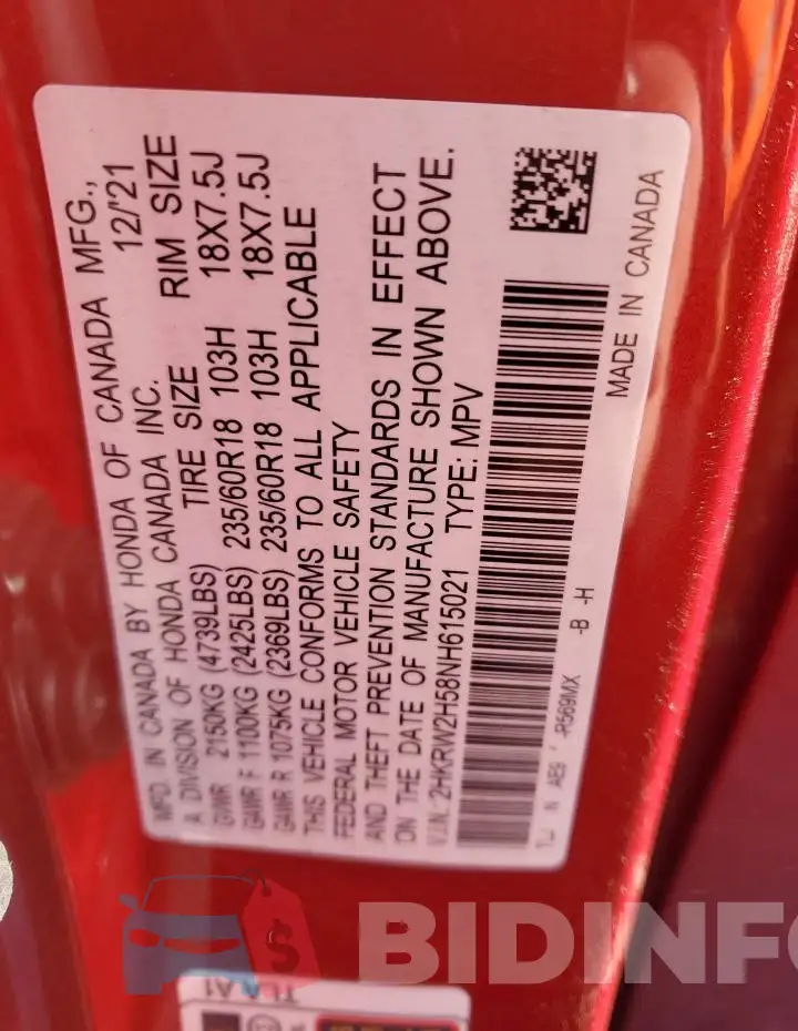 2HKRW2H58NH615021 Photo# 13