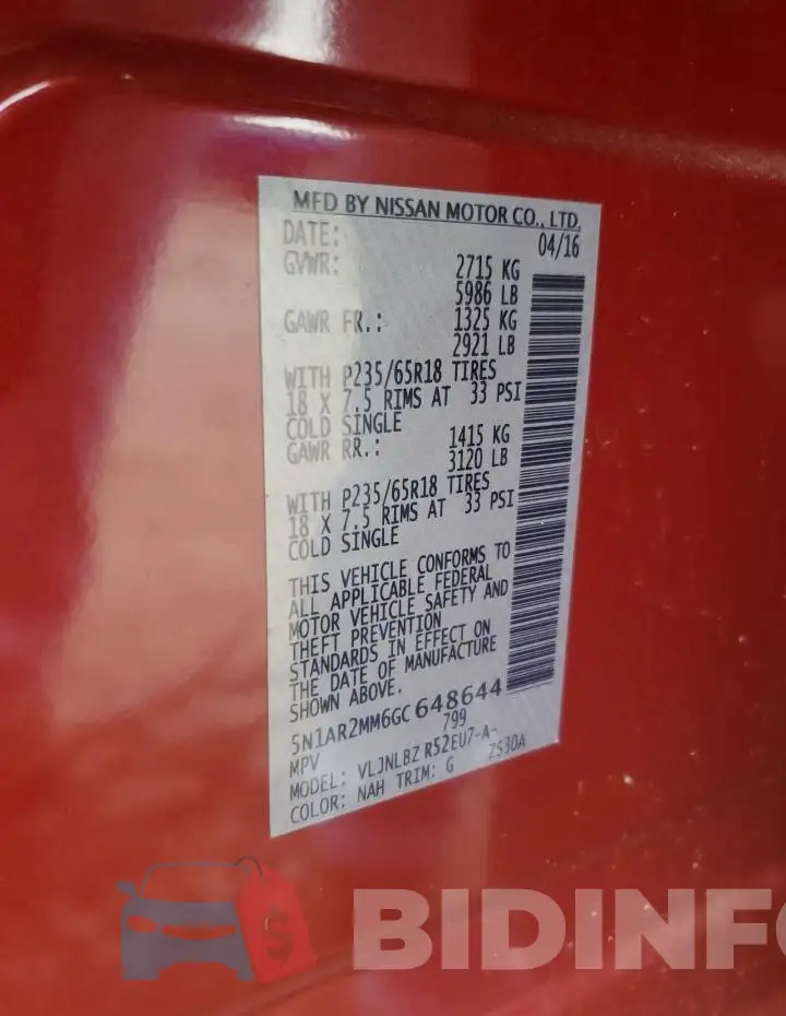 5N1AR2MM6GC648644 Photo# 13