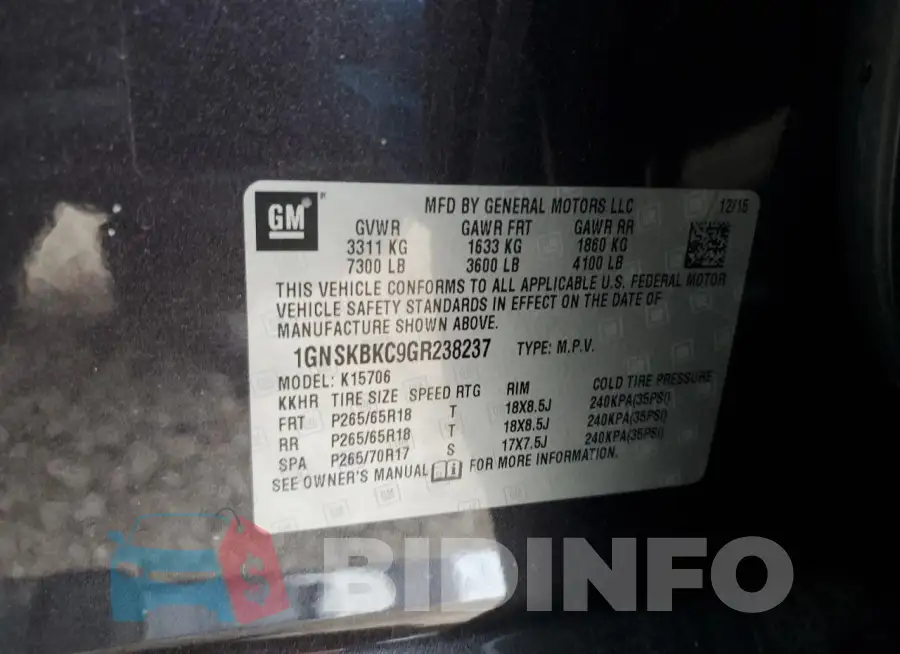 1GNSKBKC9GR238237 Photo# 13