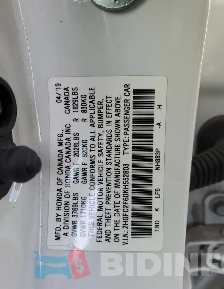 2HGFC2F60KH552803 Photo# 12
