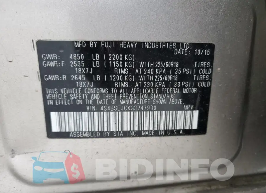 4S4BSEJCXG3247930 Photo# 13