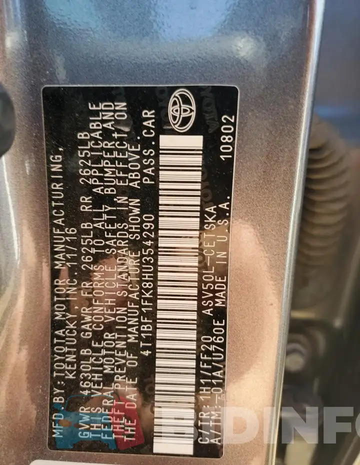 4T1BF1FK8HU354290 Photo# 12