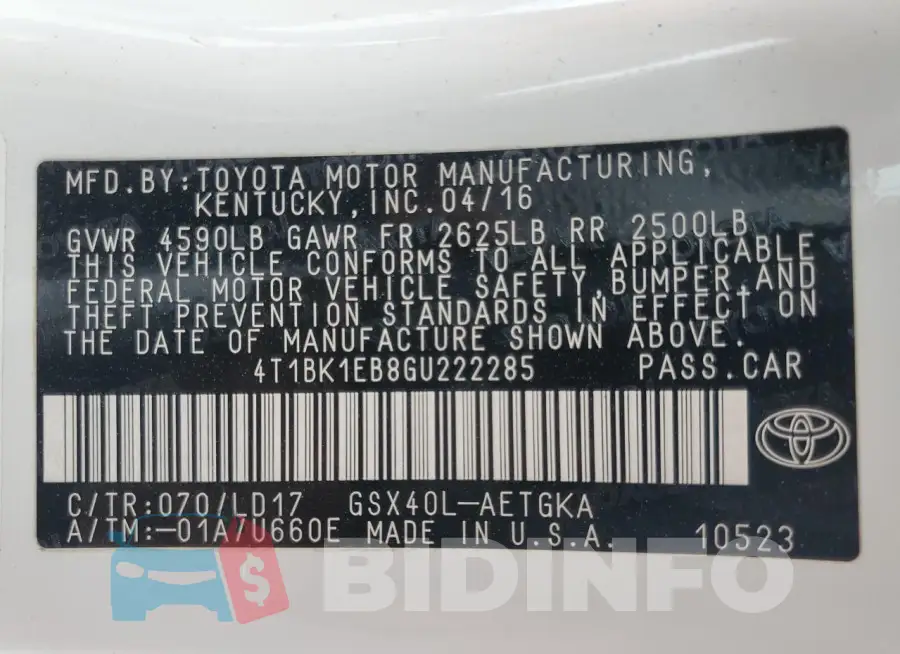 4T1BK1EB8GU222285 Photo# 13