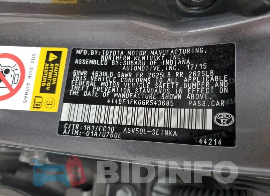4T4BF1FK6GR543685 Photo# 12