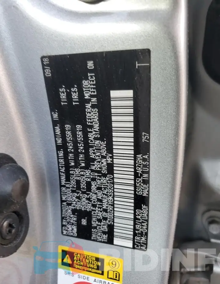 5TDDZRFH9KS920170 Photo# 13
