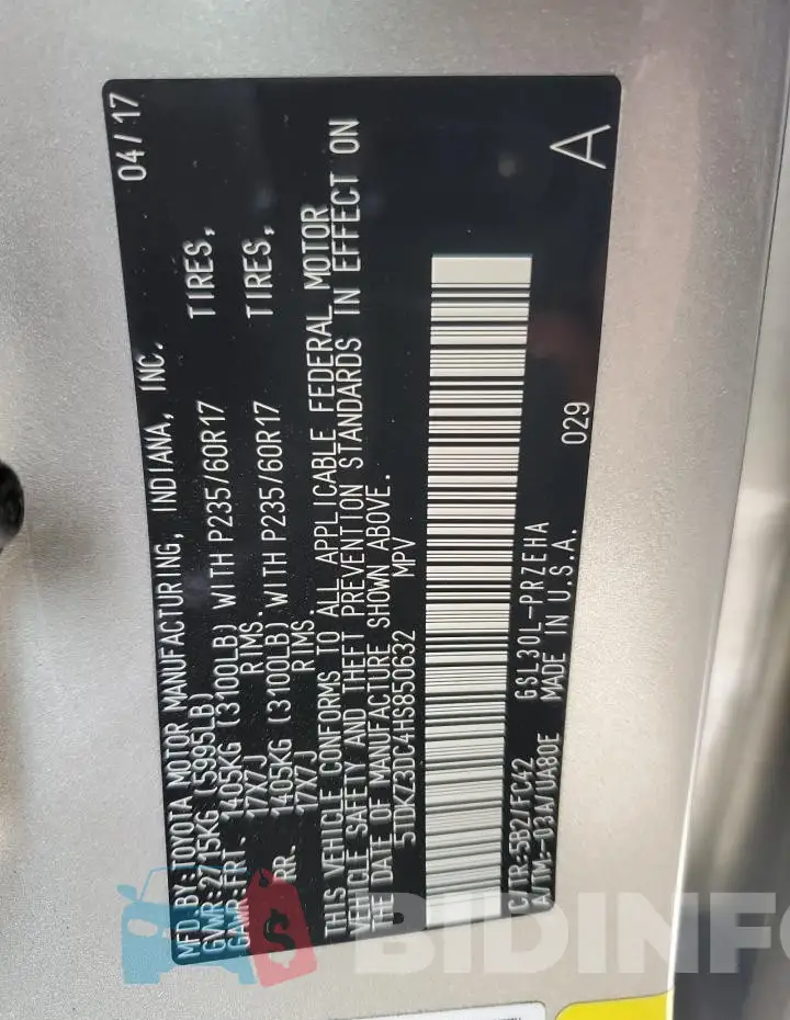 5TDKZ3DC4HS850632 Photo# 13