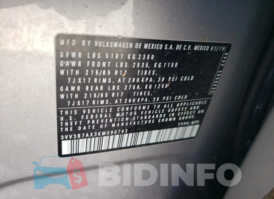 3VV3B7AX3KM090743 Photo# 13
