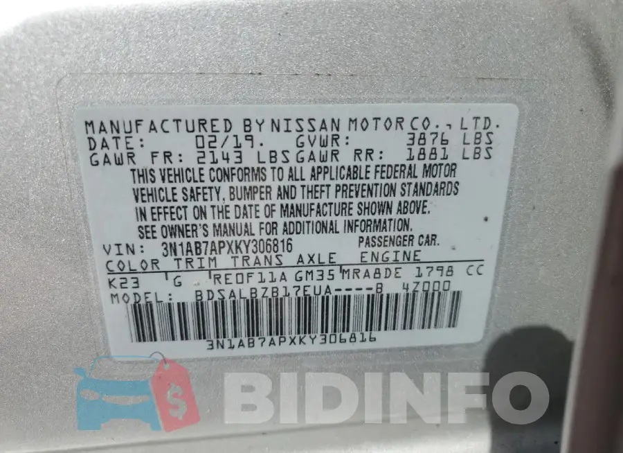 3N1AB7APXKY306816 Photo# 13