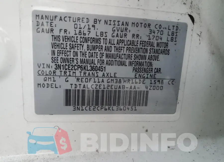 3N1CE2CP6KL360451 Photo# 12