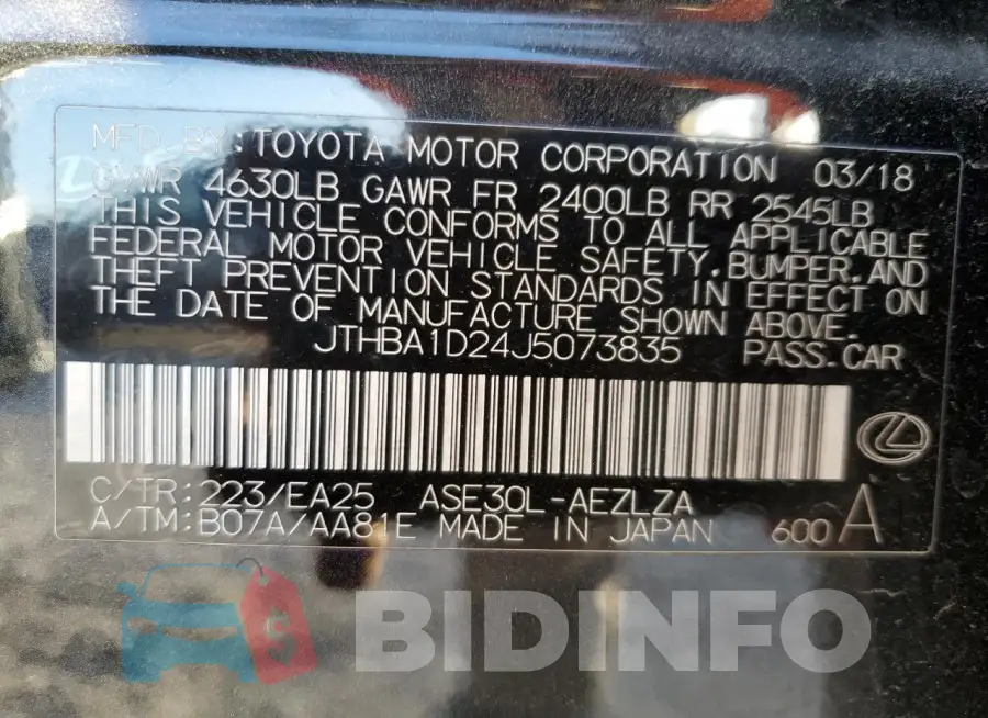 JTHBA1D24J5073835 Photo# 12