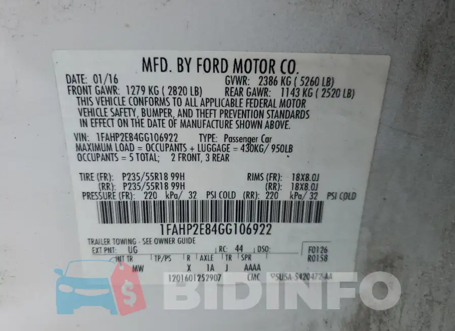 1FAHP2E84GG106922 Photo# 13
