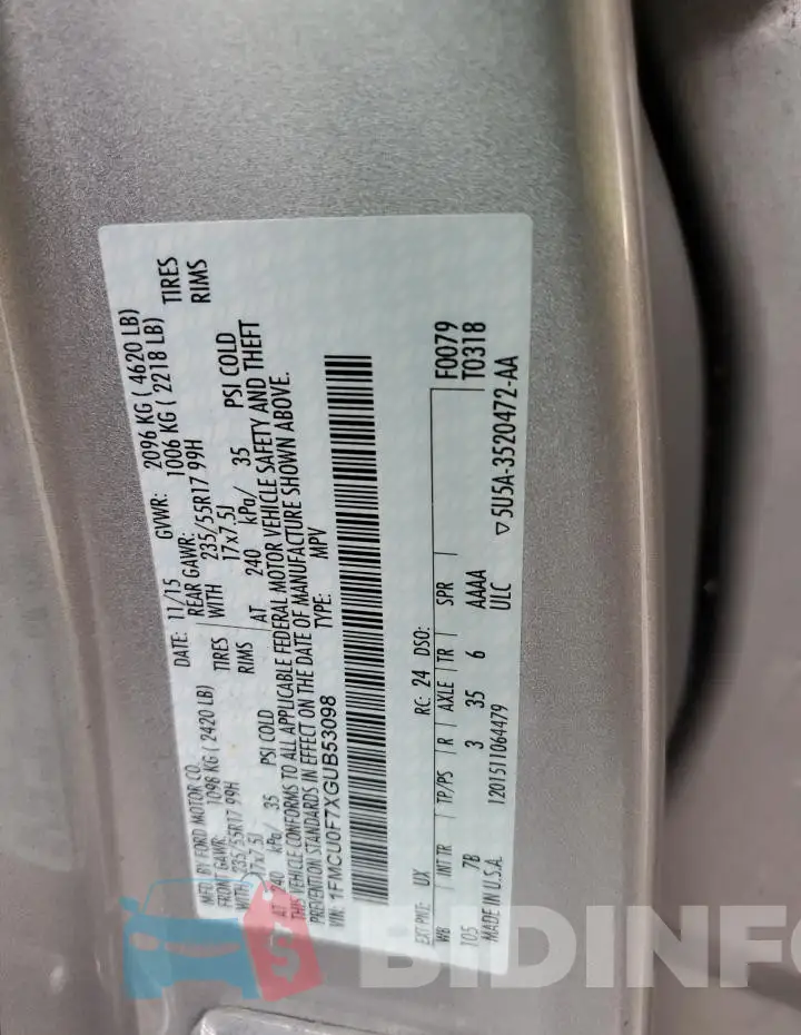 1FMCU0F7XGUB53098 Photo# 13