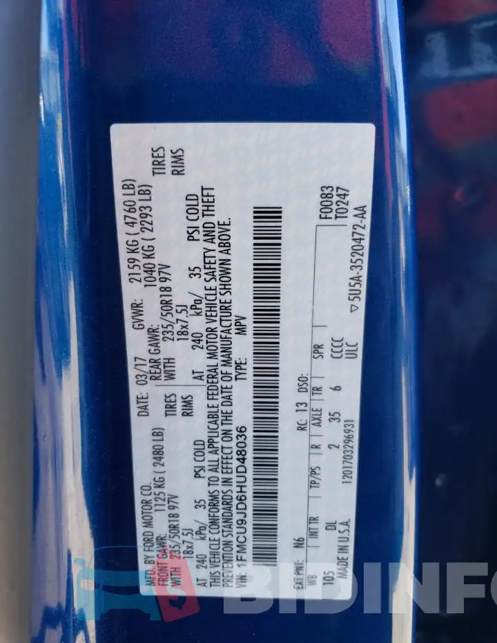 1FMCU9JD6HUD48036 Photo# 13