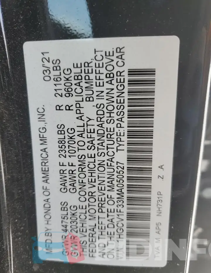 1HGCV1F33MA050527 Photo# 12