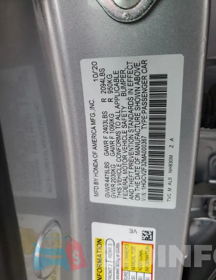 1HGCV2F32MA000367 Photo# 12