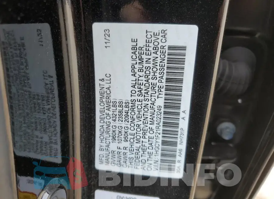 1HGCY1F21RA023249 Photo# 12
