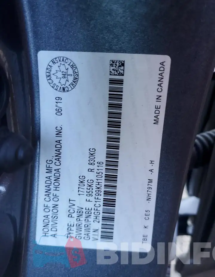 2HGFC1F99KH105116 Photo# 13