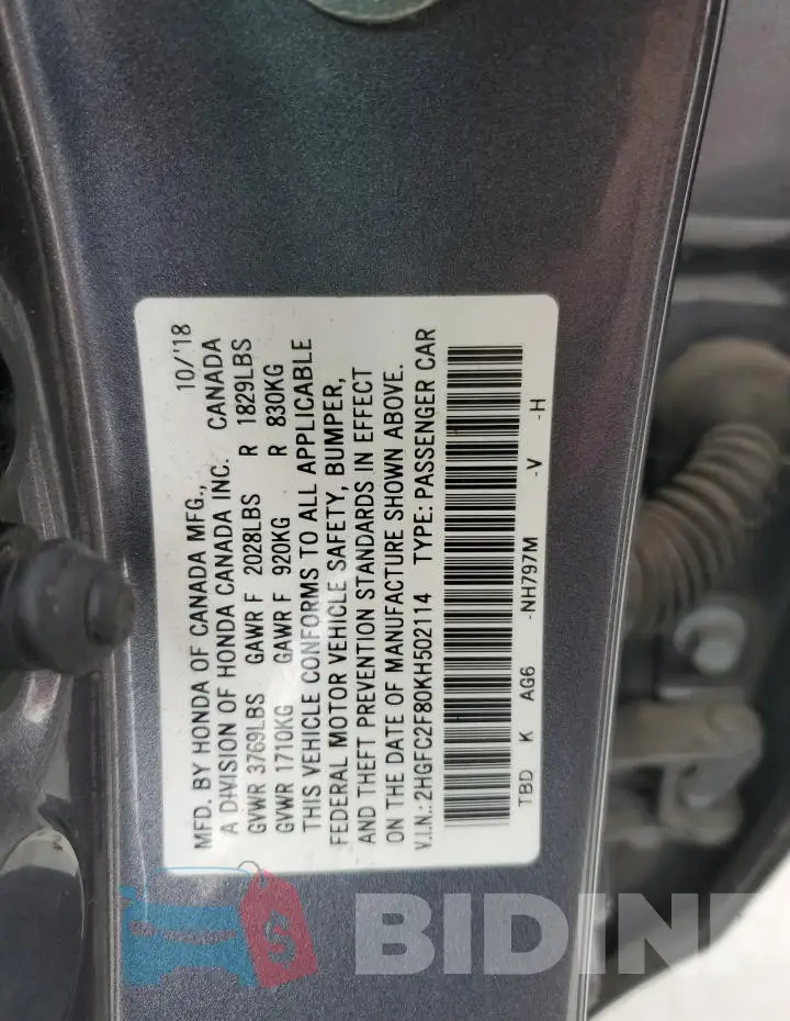 2HGFC2F80KH502114 Photo# 13