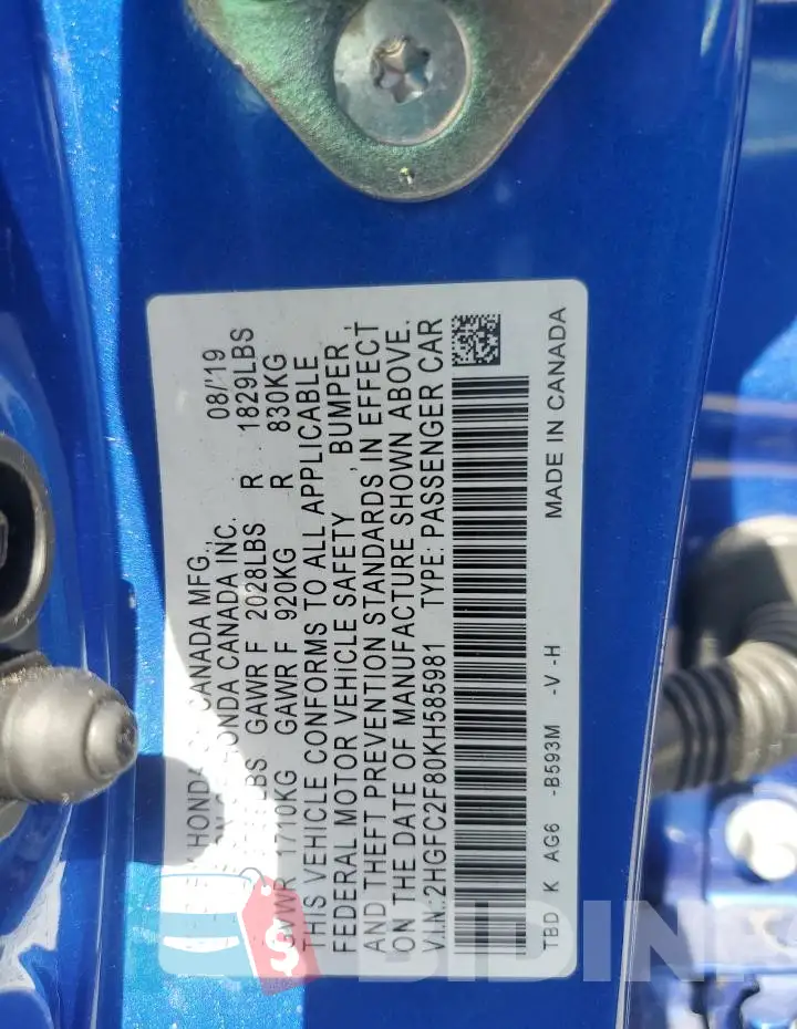 2HGFC2F80KH585981 Photo# 12