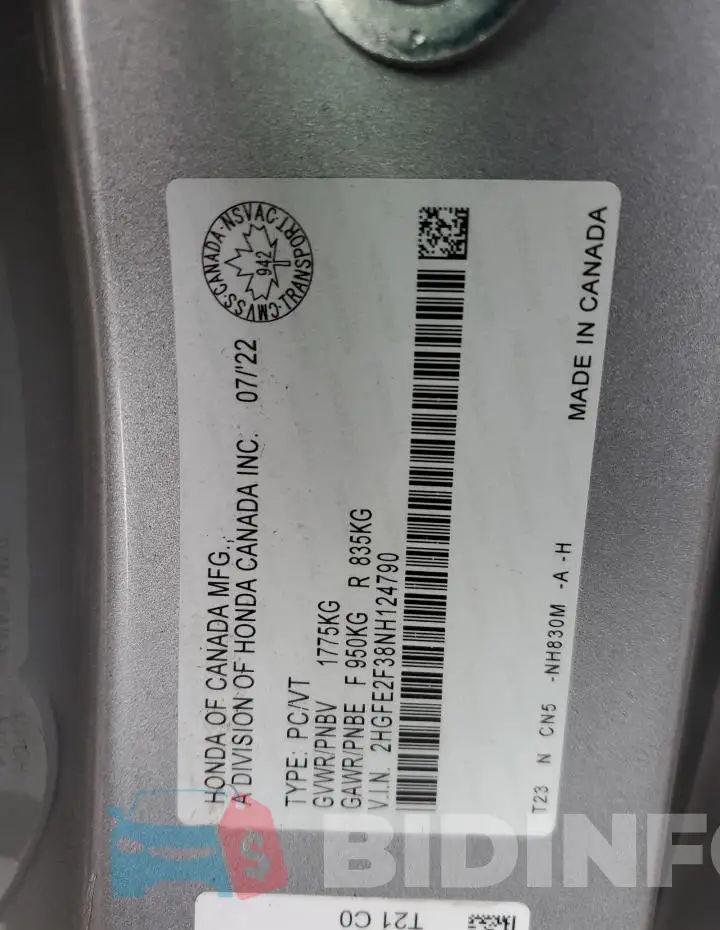 2HGFE2F38NH124790 Photo# 12