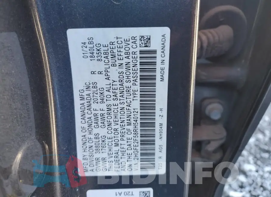 2HGFE2F58RH540121 Photo# 12