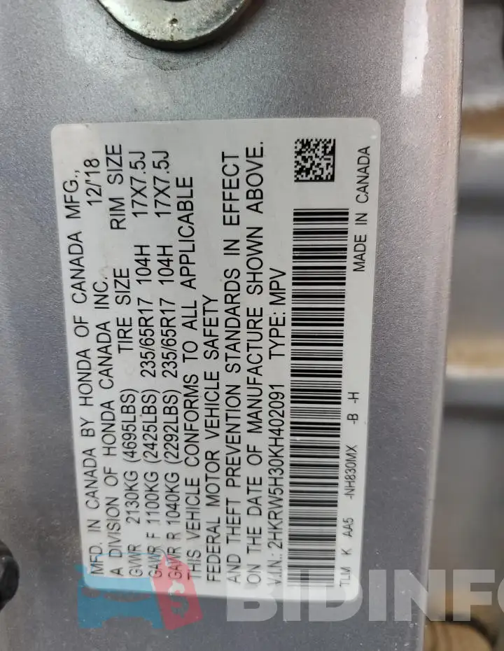 2HKRW5H30KH402091 Photo# 13
