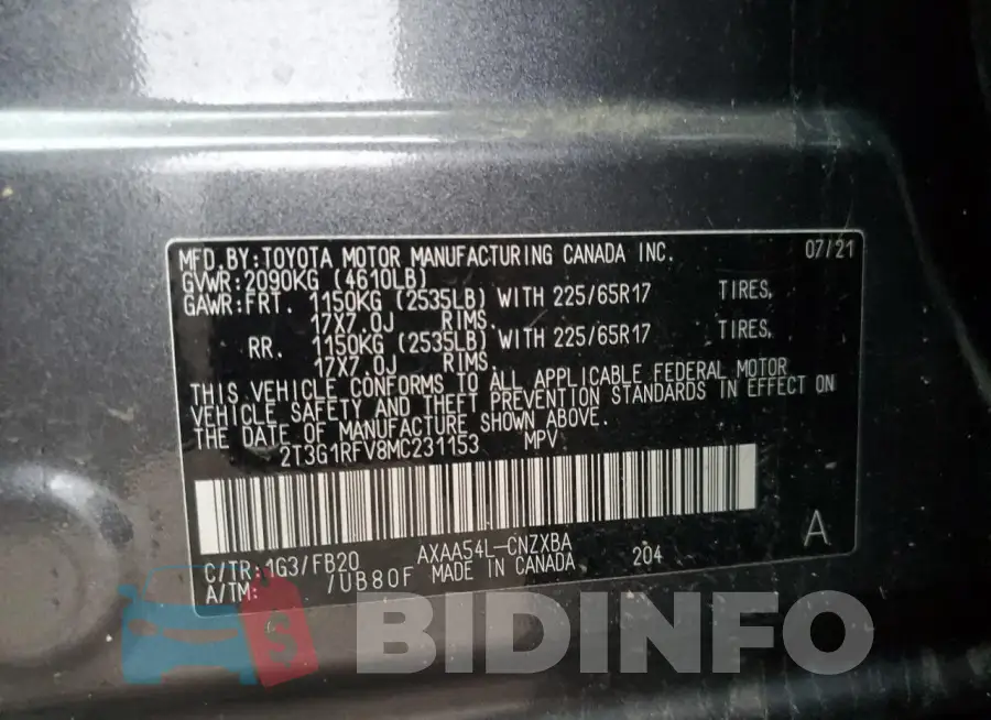 2T3G1RFV8MC231153 Photo# 13