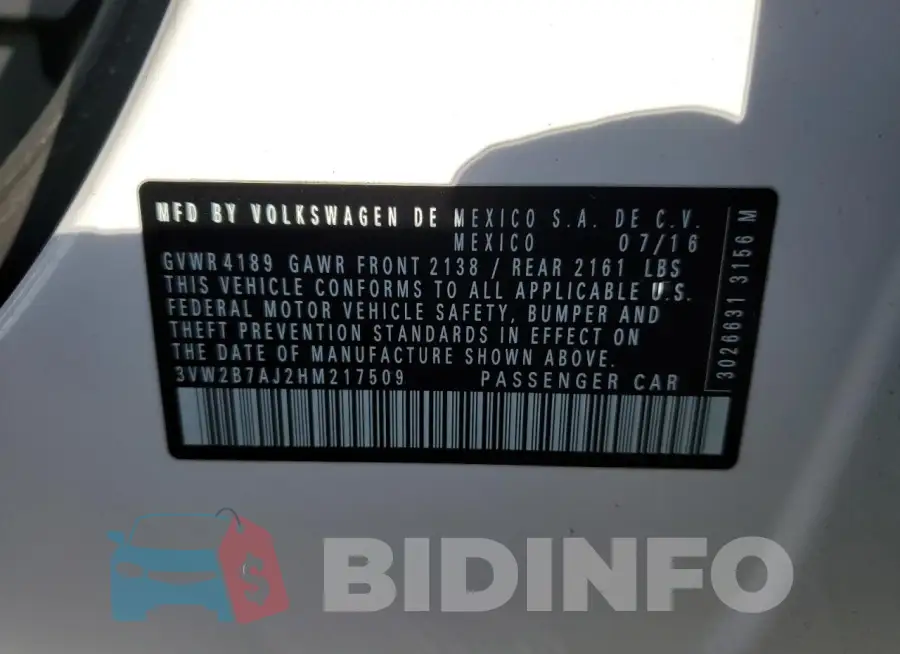 3VW2B7AJ2HM217509 Photo# 12