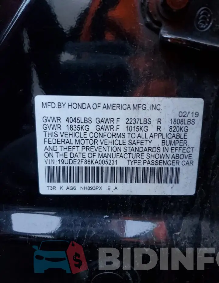 19UDE2F86KA005231 Photo# 12