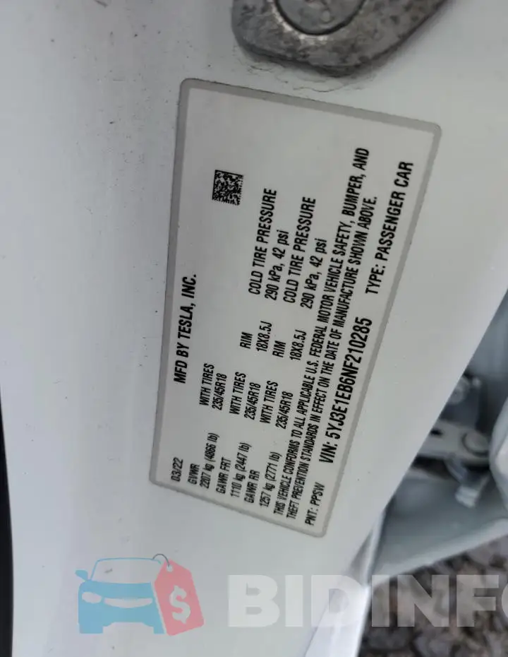 5YJ3E1EB6NF210285 Photo# 13