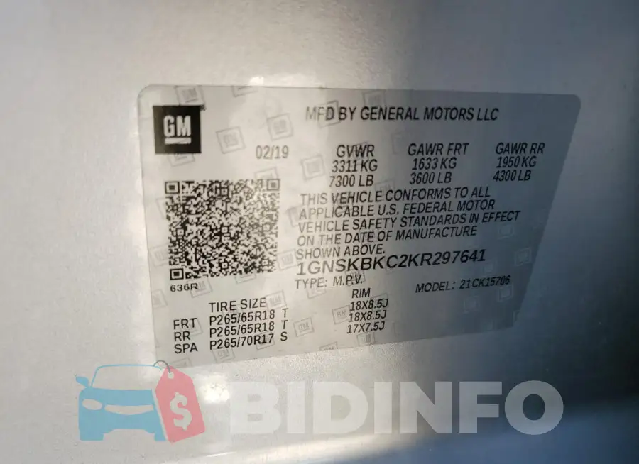 1GNSKBKC2KR297641 Photo# 13