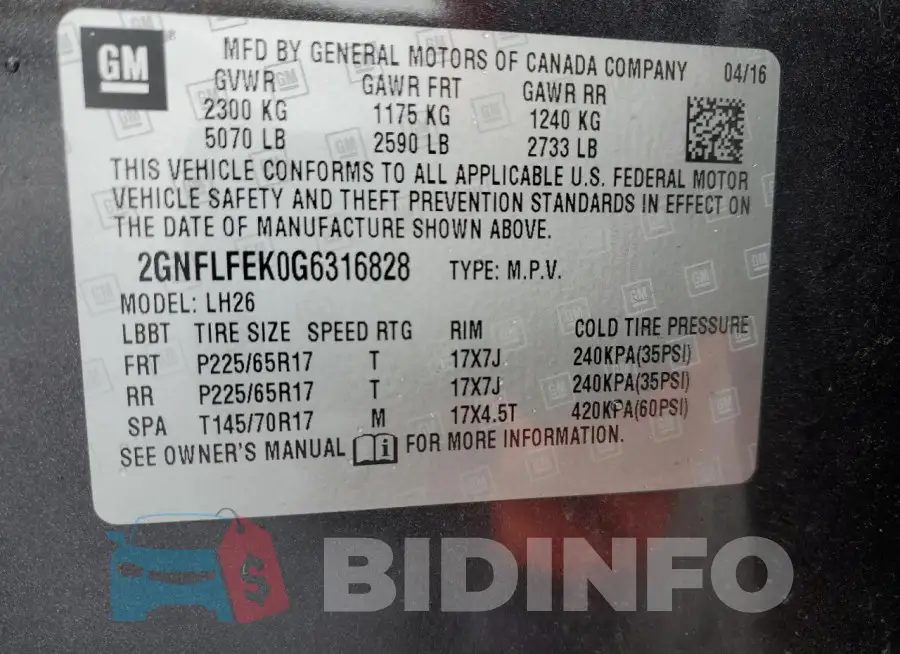 2GNFLFEK0G6316828 Photo# 13