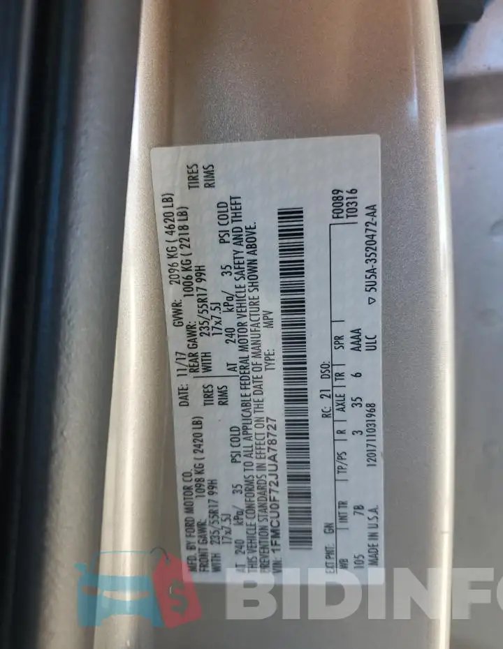 1FMCU0F72JUA78727 Photo# 13