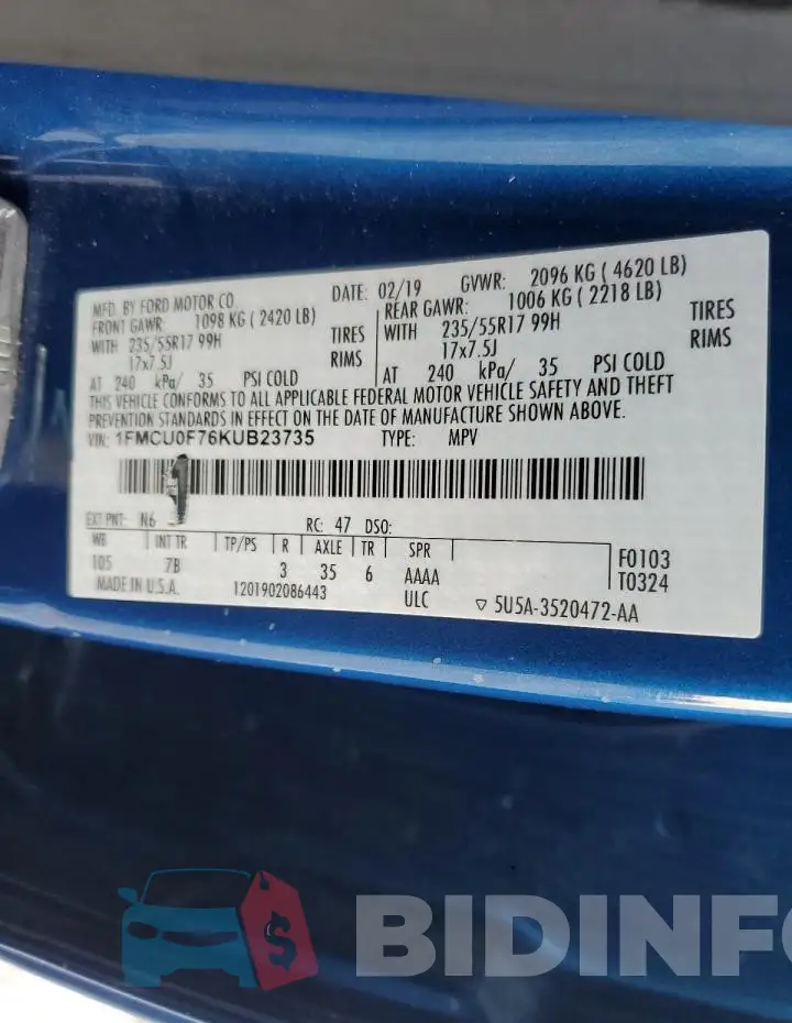 1FMCU0F76KUB23735 Photo# 13