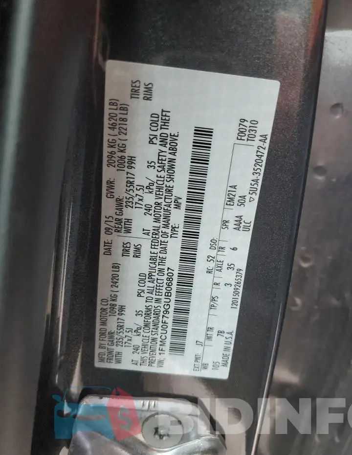 1FMCU0F79GUB06807 Photo# 12