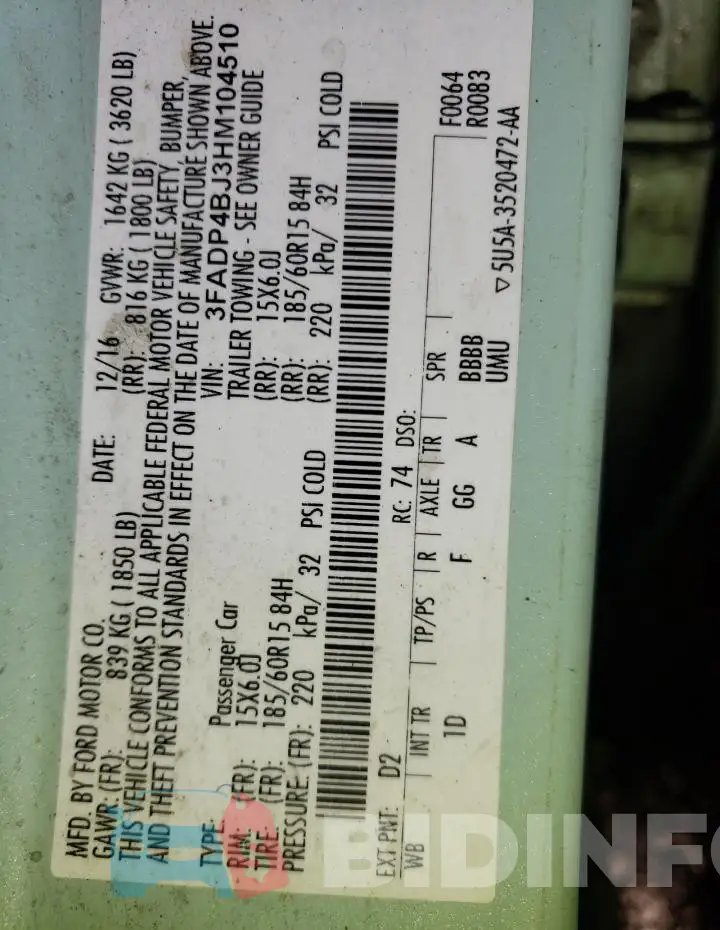 3FADP4BJ3HM104510 Photo# 12