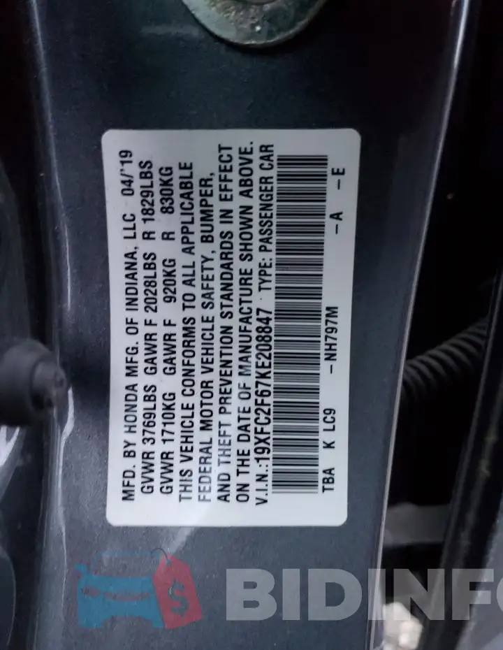 19XFC2F67KE208847 Photo# 12