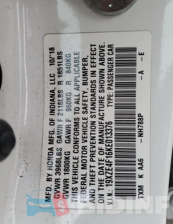 19XZE4F16KE013376 Photo# 12