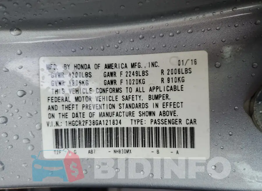 1HGCR2F38GA121834 Photo# 12