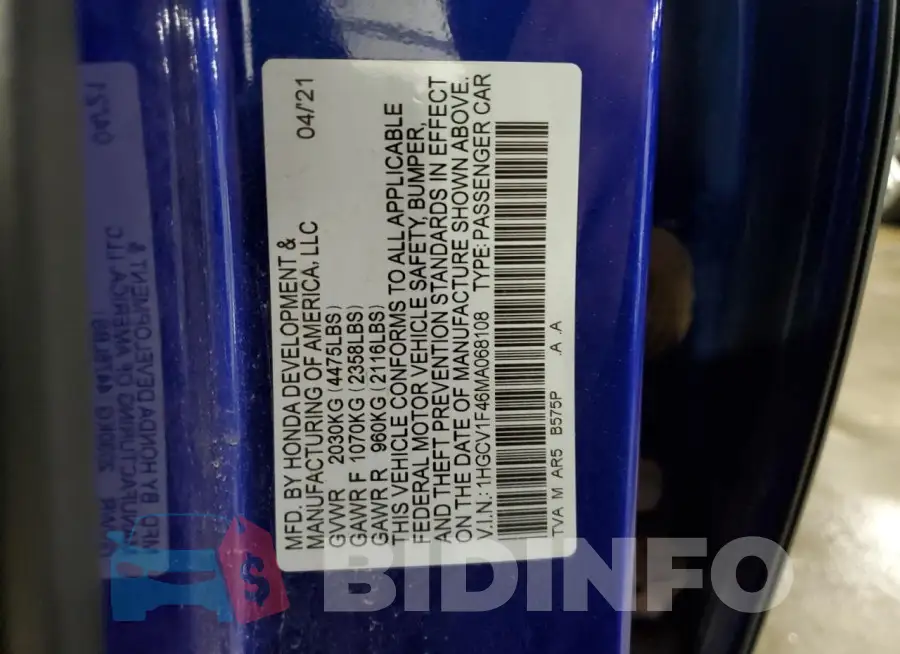 1HGCV1F46MA068108 Photo# 12