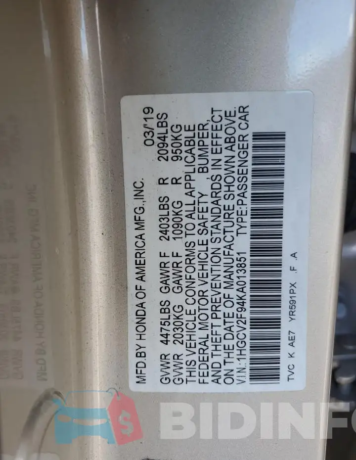 1HGCV2F94KA013851 Photo# 13
