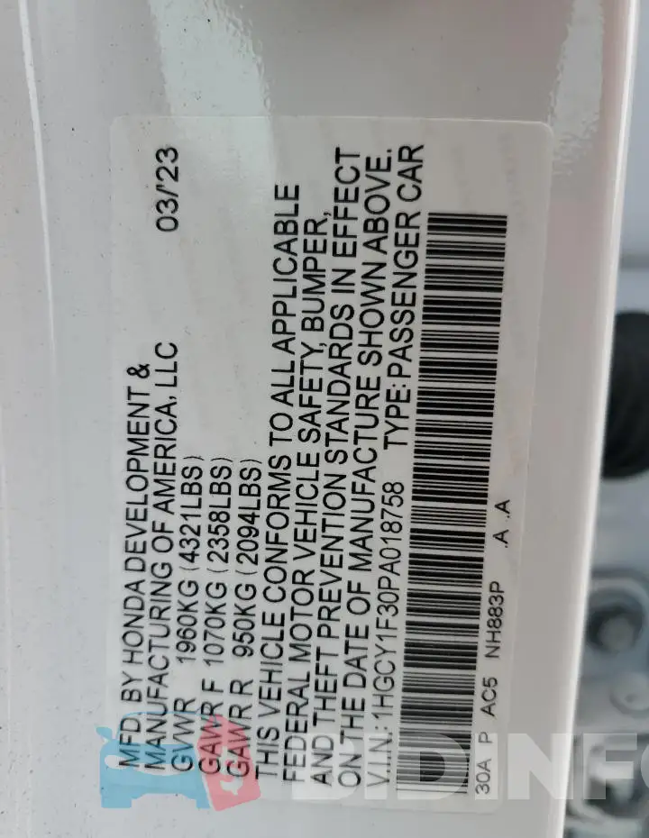 1HGCY1F30PA018758 Photo# 12