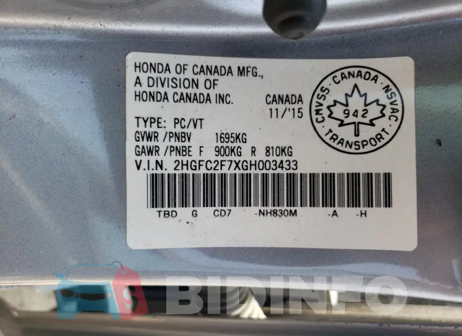 2HGFC2F7XGH003433 Photo# 13